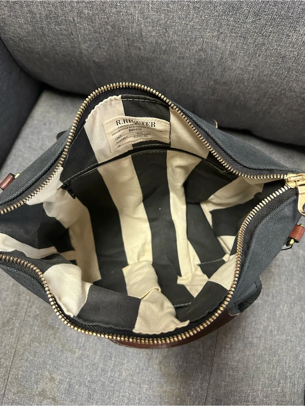 R. Riveter Dot Small Tote Bag in Black Washed Canvas + Brown Leather